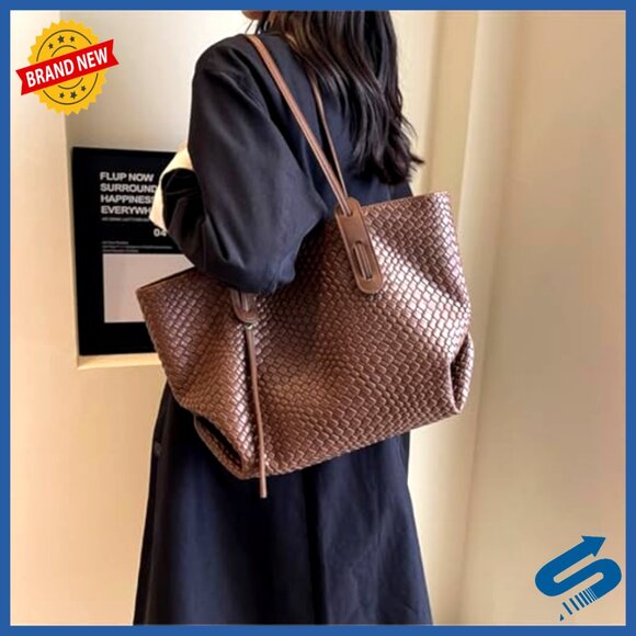 Large Leather Woven Tote Shoulder Bag Top Handle Satchel Work Bag - Picture 2 of 7